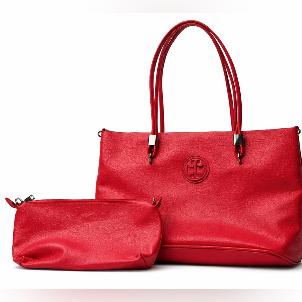 Tory Burch Red Leather Tote with Matching Pouch